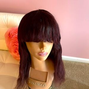 Wine colored human hair wig with bangs